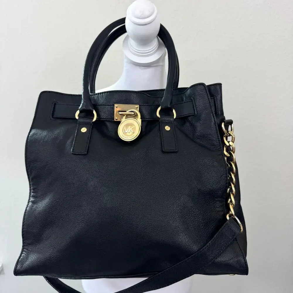 Michael Kors Womens Hamilton Satchel Handbag Leather Goldtone Lock Classic Black